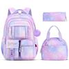 Tanou Set di Zaino Scuola Elementare Bambina, 3 Pezzi Traspirante Zaini per Bambini con Borsa Termica e Astuccio, Kawaii Zaino Ragazza in Nylon alla Moda con Ciondolo, Viola