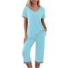 Generico Pigiama Donna Estivo Pinocchietto Tinta Unita Pigiama Estivo Maniche Corte Morbido T Shirt Manica Corta e Pantaloni Capri 2 Pezzi Pigiami Estivi Taglie Forti Set Leggero Comodo Pigiami da (Blue, XL)