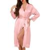 Lovasy Kimono Raso da Donna in Pizzo Accappatoi e Vestaglie da Sposa Maniche Lunghe Camicia da Notte Abito Satin Sexy Pigiama in Raso Scollo V,A-Rosa,L