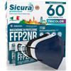 SICURA MASCHERINE CHIRURGICHE 60 Mascherine FFP2 Certificate CE Colorate Nere Bianche e Blu (20+20+20) Made in Italy SICURA Protection BFE ≥99% Mascherina FFP2 vera Marcatura EFFETTO PULITO
