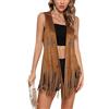 ensswliz Gilet da donna con nappa, stile hippie, stile hippie, senza maniche, con frange, aperto sul davanti, in finta pelle scamosciata, stile western, hippie, cardigan lungo, B-marrone, XXL