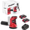 Energizer - Levigatrice orbitale cordless 20V, 10.000 giri/min, 6 velocità regolabili - Piatto autoaderente da 125 mm, sacchetto raccoglitore, 10 dischi inclusi - Include 2 batterie 20V 2AH + caricato