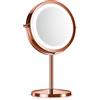 Navaris Specchio ingrandente con Luce LED - Specchio Luminoso 5:1 ingrandimento x5 specchietto Girevole per Il Trucco da appoggio Luce Integrata Rame