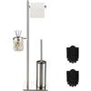 DAZI Set di Scopino bagno WC con porta carta igienica e cestino porta oggetti, Scopino WC in accio Inox Autoportante, porta carta igienica da terra 3 in 1 Stile minimalista salvaspazio