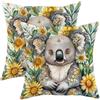 Generic Set di 2 federe per cuscini con koala, stampa floreale ad acquerello, simpatiche federe decorative per casa, divano, letto, divano, decorazione primaverile in fattoria, 45 x 45 cm
