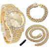 genkigold Orologio con Diamanti per Ragazzi - Quadrante Rotondo 43mm con Numeri Romani - Placcato in Oro 18K Cinturino 20,5cm - Include Strumento di Regolazione, Abbinato a Catene Cubane 18cm+40cm
