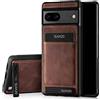 SURAZO Custodia posteriore in vera pelle per Google Pixel 7A, resistente agli urti, con scomparto per carte di credito, funzione leggio, portachiavi vintage slim bumper (marrone)