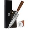 YOUSUNLONG Coltello da chef - Lama di 200 mm in acciaio Damasco martellato giapponese - Affilato come un rasoio - Coltello da cucina - Manico in legno di noce naturale con fodero in pelle
