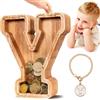 Summidate Salvadanaio Legno Bambini, Porcellino Salvadanaio Trasparente Lettera A-Z, Regalo Educativo Compleanno e Battesimo Personalizzabile con Adesivi per Ragazzi e Ragazze