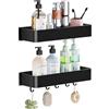 Wisfame Mensola Doccia Senza Foratura,Mensole Bagno con 5 Ganci,2 Pezzi Lmpermeabile e Antiruggine Portaoggetti Doccia, Autoadesivo Organizer Bagno,Porta Shampoo/Bagnoschiuma/Portasapone Doccia,Nero
