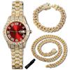 Genkigold Orologio con Diamanti per Ragazzi - Quadrante Rotondo 42mm con Numeri Romani in Rosso -Placcato in Oro 18K Cinturino 20cm -Include Strumento di Regolazione,Abbinato a Catene Cubane 18cm+40cm