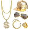 ZJRung Set Accessori Rapper Costume Hip Hop Collana e Anello con Segno del Dollaro | Bracciale in Oro Rapper Cappello e Occhiali da Sole Anni '80 '90 Accessori per Rapper per Carnevale Halloween Festa