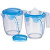 MiraHome Set di 2 bicchieri dosatori blu da 1,5 a 1 l con coperchio CCM con foro miscelatore, 1 spremiagrumi di qualità austriana