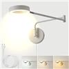 OOWOKS Lampada da Parete a LED Interni con Interruttore e Spina, Applique da Comodino Dimmerabile 8W con Cavo, Braccio Lungo Regolabile, Paralume in Acrilico Anello, per Soggiorno Camera da Letto, Bianco