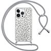 ZhuoFan Custodia con Cordino per iPhone 15 Pro Max 6,7, Trasparente Aesthetic Modello Leopardo Disegni Cover con Collana Grigio Antiurto Case Regolabile Cellulare Girocollo per Femmina, 04