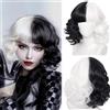 woojfcang Crudelia, parrucca da donna e da donna, capelli sintetici corti e mossi, con frangia, accessori per travestimenti, cosplay, feste, travestimenti da Crudelia, costume da adulto