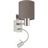 Eglo Lampada da parete a Led Pasteri a due punti luce, acciaio nichel opaco, tessuto marrone antracite, E27, incl; interruttore e luce di lettura flessibile