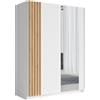 LBSIGN Armadio 150x200h Cm 2 Ante Scorrevoli Con Specchio Bianco Listelli Rovere Bayadero