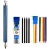 MROOFUL Set di matite meccaniche in metallo da 5,6 mm con mina a 4 colori 6+Nero (2B/4B/6B/8B) per marcature di carpentiere, disegno ingegneristico, schizzo tecnico, scrittura automatica (Blu)