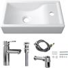 MEJE Mini lavabo, 41 x 23 x 10 cm, lavabo per montaggio a parete, in ceramica, piccolo, foro per rubinetto a destra, con rubinetto e kit di drenaggio