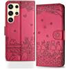 Butnyeoe Cover per Samsung Galaxy S22 Ultra 5G Libro,Gatti/Fiori Motivo in Rilievo Custodia,PU Pelle Protettiva Portafoglio Flip Wallet Case Con Slot per Schede e Magnetica Supporto,Rosso