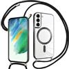 Pnakqil Magnetica Cover con Cordino per Samsung Galaxy S21 FE（5G）, Compatibile con Magsafe Ricarica Wireless, Placcatura Disegno Custodia con Collana con Regolabile Laccio Tracolla, Nero