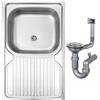DomoDomo - Lavabo con foro per rubinetto 80 x 50 cm - 1 lavello da incasso con scolapiatti - struttura in lino in acciaio inox - con sifone - Lavandino di appoggio per mobiletto da 80 cm