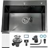 KOOGIMDDR Lavello Cucina 1 Vasca 60 x 45 cm Nero Grigio, Lavabo Cucina con 2 Fori Scolapiatti da Appoggio, Nano Lavello in Acciaio Inox Lavandino Cucina con Dispenser Sapone y Set di Drenaggio