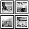 ENGLANT - Set di 4 pannelli con cornice su tela per paesaggio marino, spiaggia e barca, paesaggio alba, stampa giclée in bianco e nero, pronta da appendere