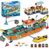 HiWEEGO Città barca da pesca cantiere navale - kit di costruzione galleggiante oceano nave blocco costruzione con motoscafo gru container, giocattolo regalo di compleanno per 6 7 8+ ragazzi e ragazze