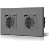 BSEED - Doppia presa Schuko a parete con USB e Tipo C in vetro, 3 in 1, presa a incasso, 2 vie, con 2.1 A di potenza di ricarica USB e adattatore Tipo C, prolunga da 157 mm, colore: Grigio