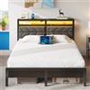 Seventable Struttura Letto Matrimoniale 140x200 con LED, Letto in Metallo con Stazione di Ricarica (2 Porte USB e 1 Porta di Tipo C), Testata Imbottita & Contenitore, per Camera da letto