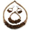 Avalaya Set di collana, bracciale e orecchini a cerchio in pietra semipreziosa etnica fatta a mano, con cordoncino di cotone, 56 cm di lunghezza, colore: marrone/beige, Misura unica, Cordoncini