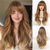 HAIRCUBE Long Ombre Brown Parrucca con Bangs Perrucche ricce a strati per donne Parrucche sintetiche naturali per uso quotidiano (pelucas de cabello naturale)
