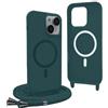 YFSYLL Magnetica Cover per iPhone 15 Plus con Cordino,Compatibile con MagSafe,Silicone Case con Regolabile Cordino da Collo Nylon Catena Collana Tracolla - Verde