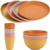 FUNYKICH 12 Pezzi Stoviglie Plastica Infrangibile da Campeggio, Ciotole, Piatti,Tazze, per Barbecue, Campeggio, Picnic(Colore Beige,Rosa,Giallo,Arancione)