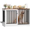 FirFurd 120 cm Gabbia per Cani, Kennel Cane Grande con Porta Scorrevole, con 2 Ciotole che Ruotano di 360°, Cane Kennel in Metallo e Legno, 120x60x90cm (Bianco+Marrone)