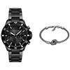 Emporio Armani Orologio da uomo con movimento cronografo e bracciale a catena - Orologio in ceramica nera e bracciale in acciaio inossidabile con finitura nera