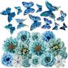 MWOOT 26 Pezzi Teste di Fiori Artificiali 3D Farfalle, Fiori Finti Piccoli per Decorazioni, Rose Garofano Finte per Fai da te Corona Torta Bouquet Da Sposa Matrimonio Festa Casa Giardino(Blu)