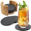 Sidorenko Sottobicchieri Ardesia Rotondi 6 Pezzi con Supporto Nero 9,9 cm | Sottobicchieri eleganti da tavola, sottobottiglia, sottotazza, coaster in pietra, base antiscivolo EVA, espositore in bambù
