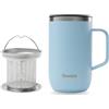 QWETCH - Tazza termica in acciaio inox riciclato con manico e filtro blu pastello - teiera isolata 470 ml - Caffè e tè termico - 6 ore calde e 12 ore fredde - Tappo scorrevole antispruzzo