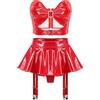 inlzdz Donna Set di Lingerie Finta Pelle Completo Intimo Pigiama Babydoll Bralette Reggiseno e Slip con Giarrettiera Gonna Corta Clubwear Dress Rosso M