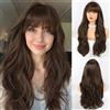 HAIRCUBE Parrucca lunga marrone scuro con Bangs Perrucche ricce a strati per donne Parrucche sintetiche naturali per uso quotidiano (pelucas de cabello naturale)