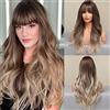 HAIRCUBE Ash Bionda Parrucca con Bangs Lunga Ombre Marrone a Bionda Parrucca Riccia per Donne Parrucca Sintetica Naturale per Uso