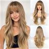 HAIRCUBE Long Blonde Mixed Brown Parrucca con Bangs Perrucche ricce a strati per donne Parrucche sintetiche naturali per uso quotidiano (pelucas de cabello naturale)