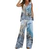 Generico Tailleur Elegante Completi da 2 Pezzi da Donna Boho Gilet Stampato Casual Top Senza Maniche Pantaloni Larghi Larghi Pantaloni Completo da Due Pezzi