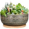 G EPGardening Vaso per piante grasse in ceramica, 20,5 cm, per piante d'appartamento, rotondo, poco profondo, bonsai, con drenaggio e piattino in bambù, colore: blu