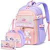 Tanou Zaino Scuola Primaria Bambina Zaini Medie 3 Pezzi con Borsa Termica e Astuccio Zaino Kawaii per la Scuola Elementare e Media in Stile Frigorifero per Ragazze, Viola