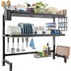 NETEL Scolapiatti da Appoggio Sopra il Lavandino, Antiruggine Scolapiatti sul Lavello Mensola Organizer Salvaspazio a 3 livelli con Portautensili, Porta tagliere per Cucina Nero, Lunghezza 84cm