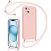 Coalbooliy Cover per iPhone 15 Plus 6,7 con Cordino per Cellulare, Custodia Silicone con Regolabile Collana Sottile Morbida Case Protezione della fotocamera Antiurto con Necklace, Rosa